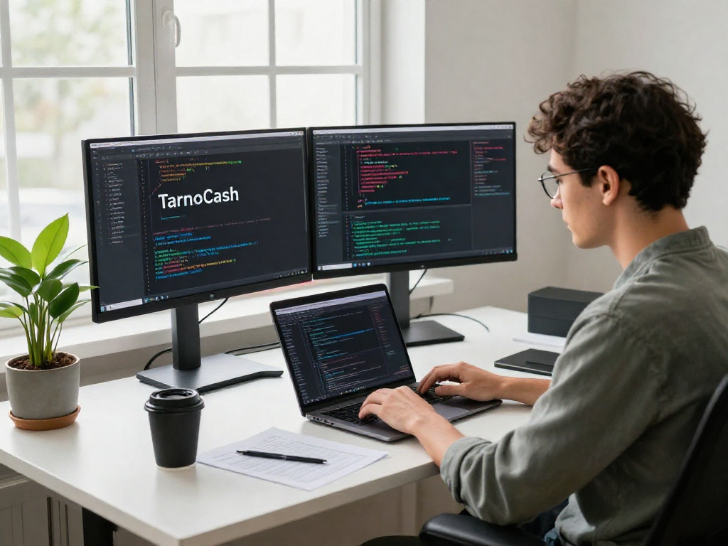 Developer working on Tornado Cash technology in a bright, modern workspace with code on dual monitors.