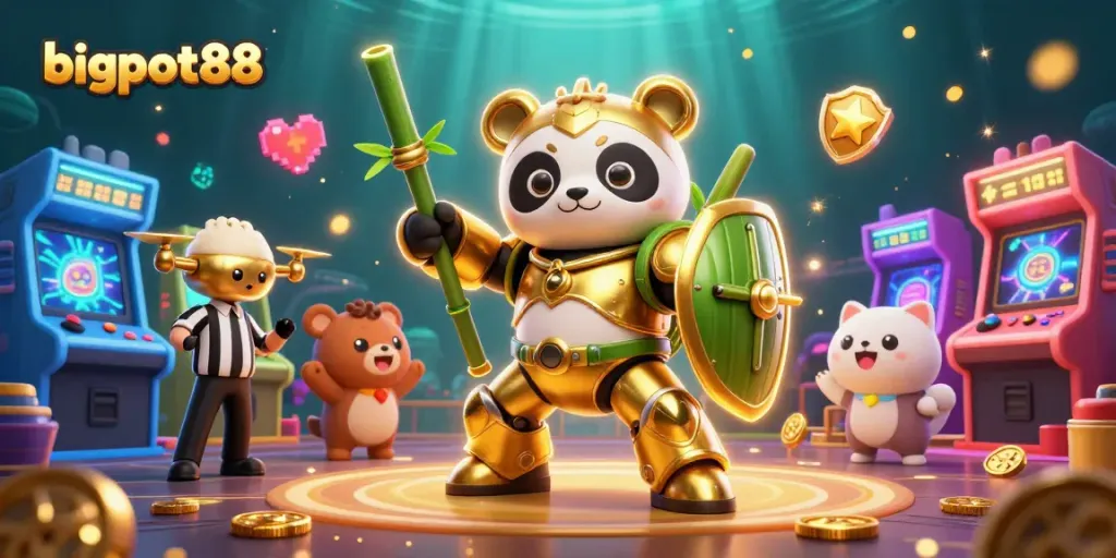 Mainkan bigpot88 di arena permainan dengan panda emas dan robot bambu mewah.