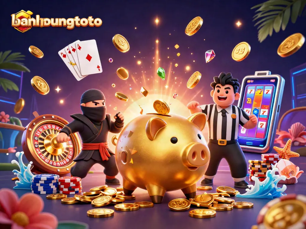 Experience thrilling wins with bandungtoto as a golden piggy bank sumo wrestler stomps coins to victory.