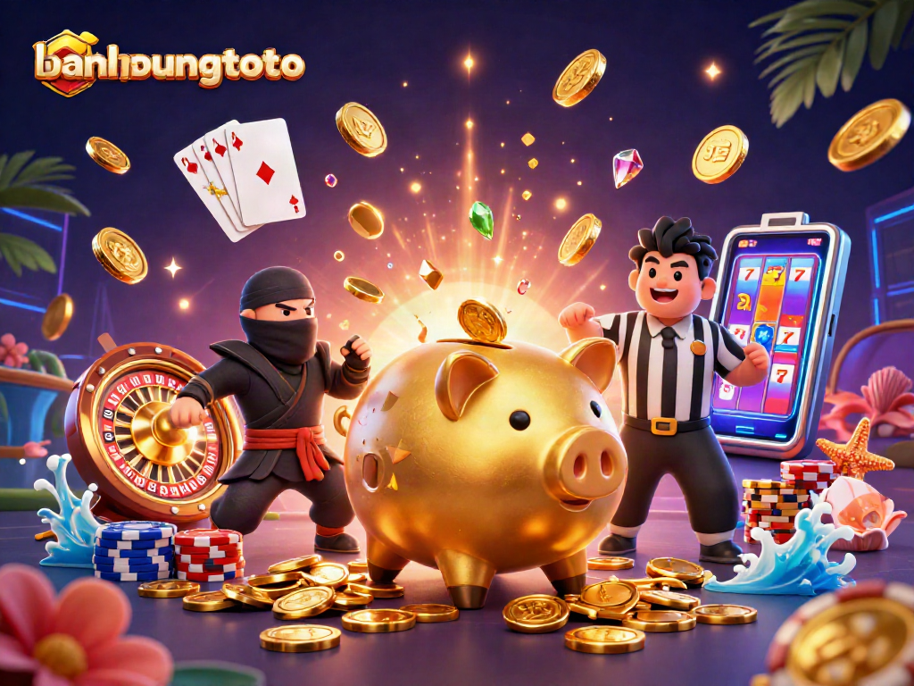 Experience thrilling wins with bandungtoto as a golden piggy bank sumo wrestler stomps coins to victory.