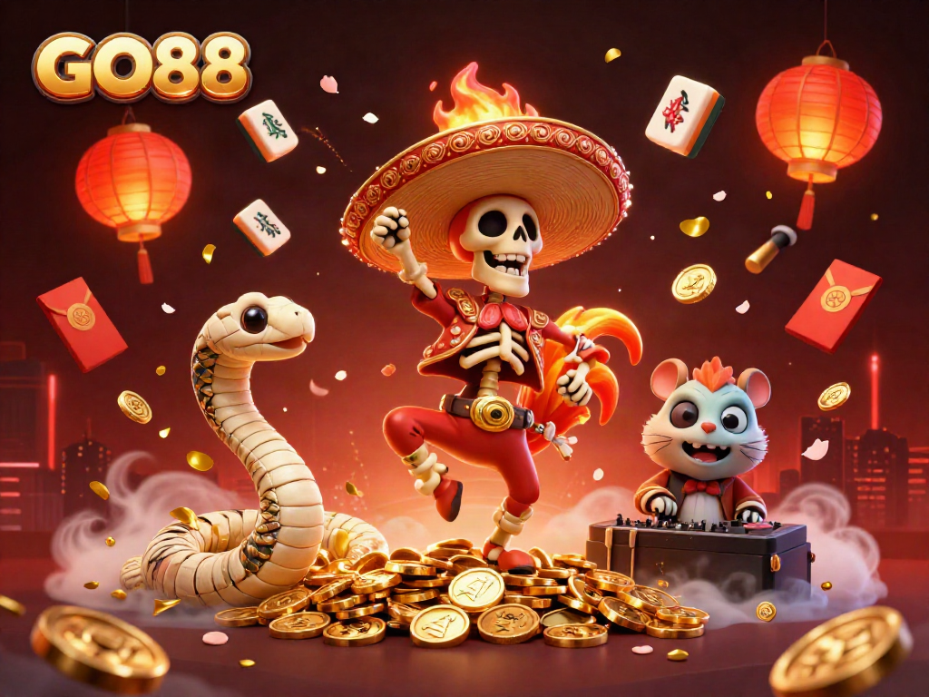 Celebrate big wins with GO88: vivid 3D illustration of casino characters and festive elements
