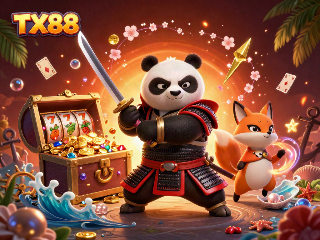 Engage with TX88's vibrant 3D casino scene featuring cartoon characters and exciting slot action.