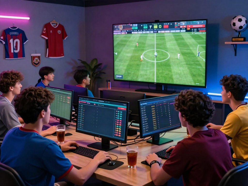 Engaged group of friends strategizing sports betting on WWBOLA platform with live match data and dynamic atmosphere.