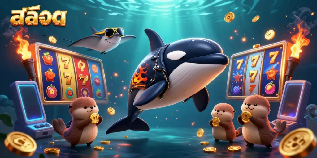 ภาพการ์ตูน 3D สล็อต featuring วาฬ Orca ในแจ็คเก็ตหนัง พร้อมการแสดงโฉบและสัตว์ทะเล