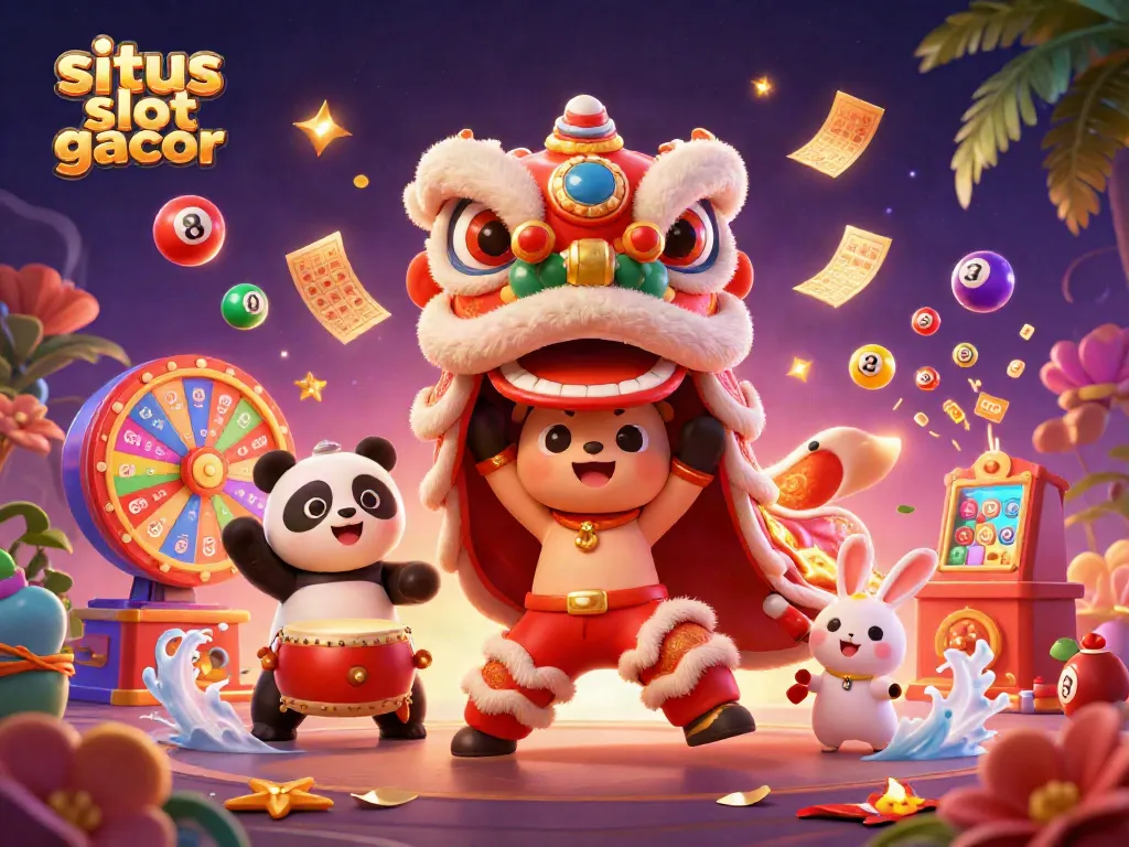 Experience the thrill of situs slot gacor with animated characters celebrating, surrounded by colorful lottery elements.