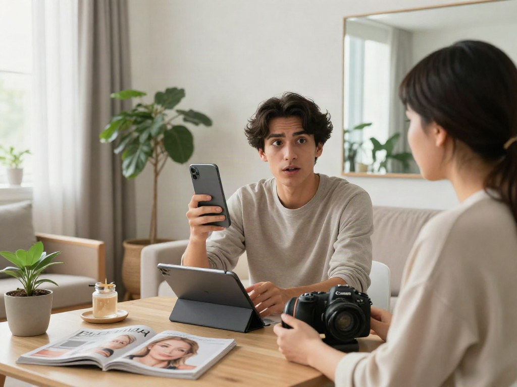 Engaging scene depicting a person using an app to determine how old do I look in a stylish living room environment.