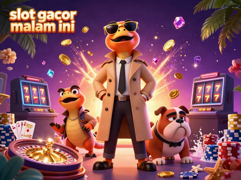 Engage in thrilling gameplay action at a casino with 'slot gacor malam ini' featuring vibrant characters and dynamic game elements.