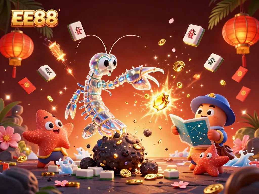 Experience thrilling EE88 casino adventures with a galactic samurai mantis shrimp scene packed with vibrant symbols.