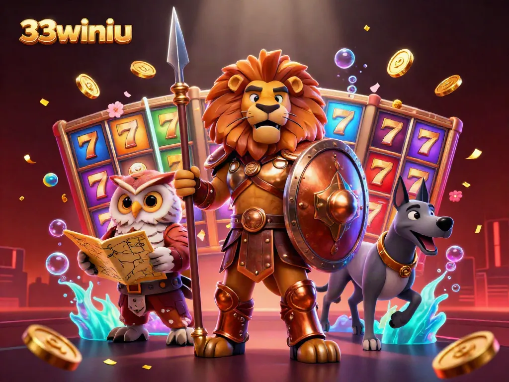 Experience epic gaming action with 33winiu featuring a heroic Spartan lion, casino reels, and golden coins.