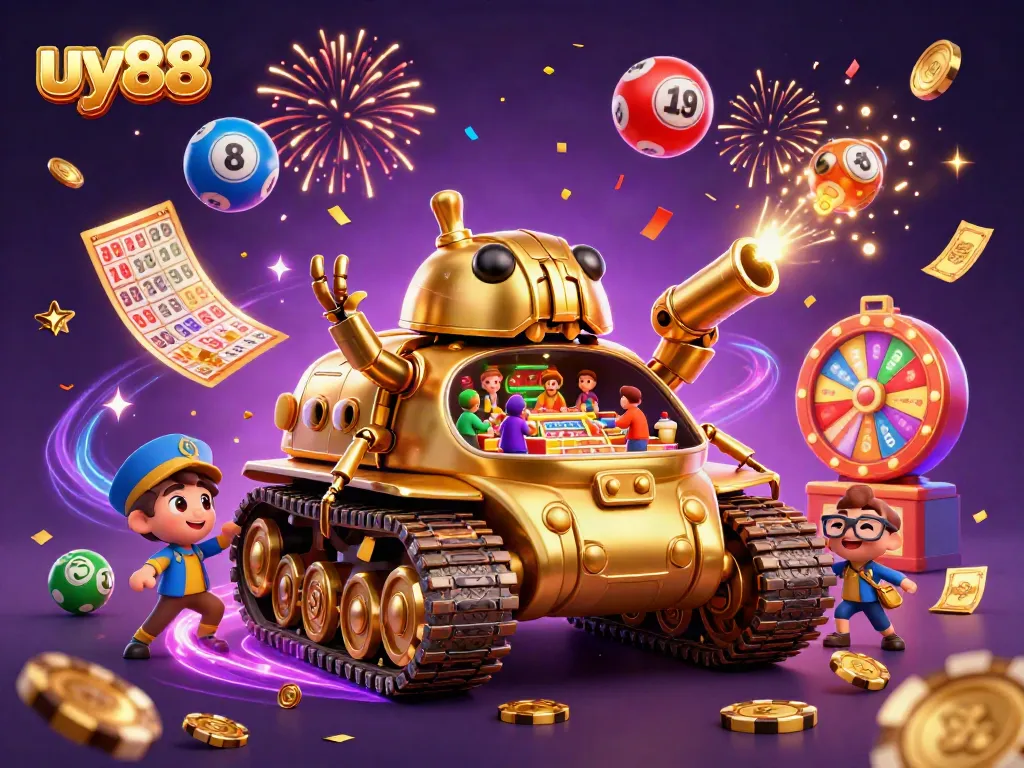 Experience the excitement of uy88 with a lively 3D casino scene featuring colorful games and festive elements.