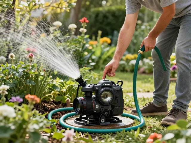Operador revisando bombas de agua en Venezuela en su jardín, rodeado de plantas y herramientas.