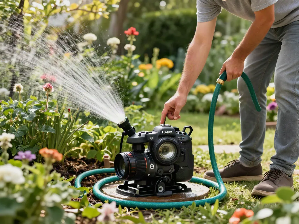 Operador revisando bombas de agua en Venezuela en su jardín, rodeado de plantas y herramientas.