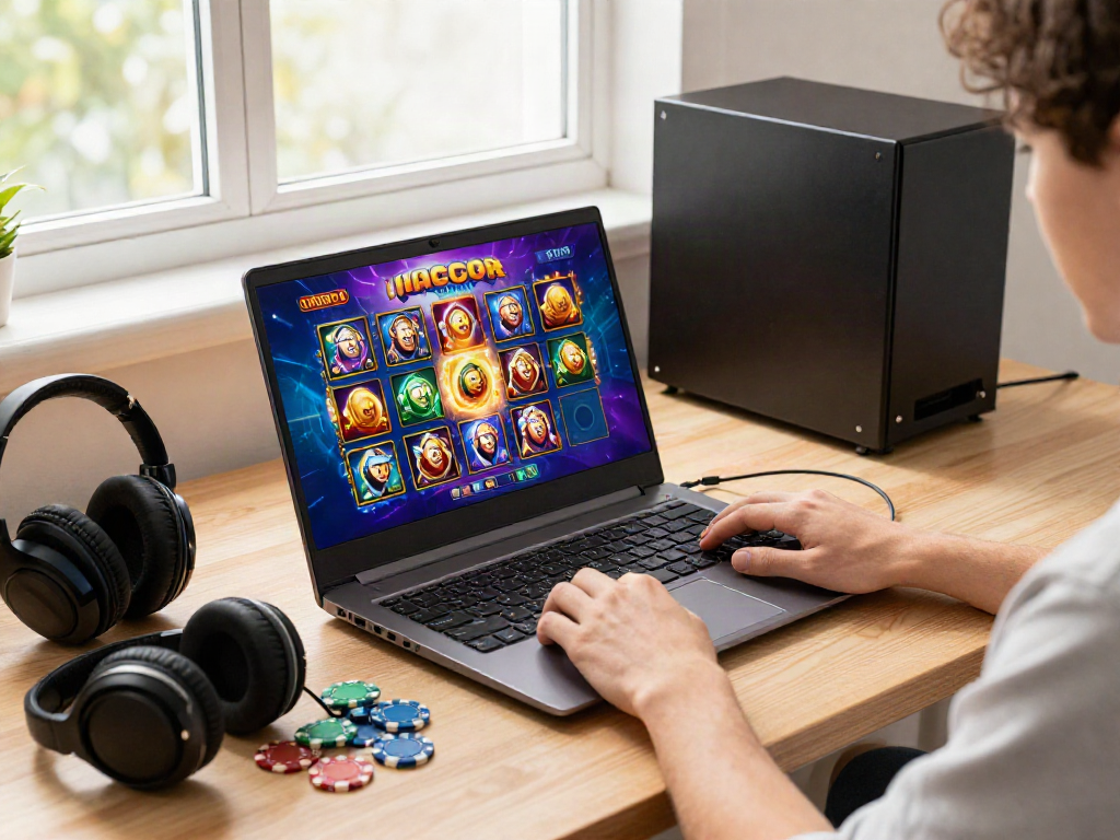 Exciting online gaming setup showcasing a player enjoying a slot gacor game on a colorful laptop.