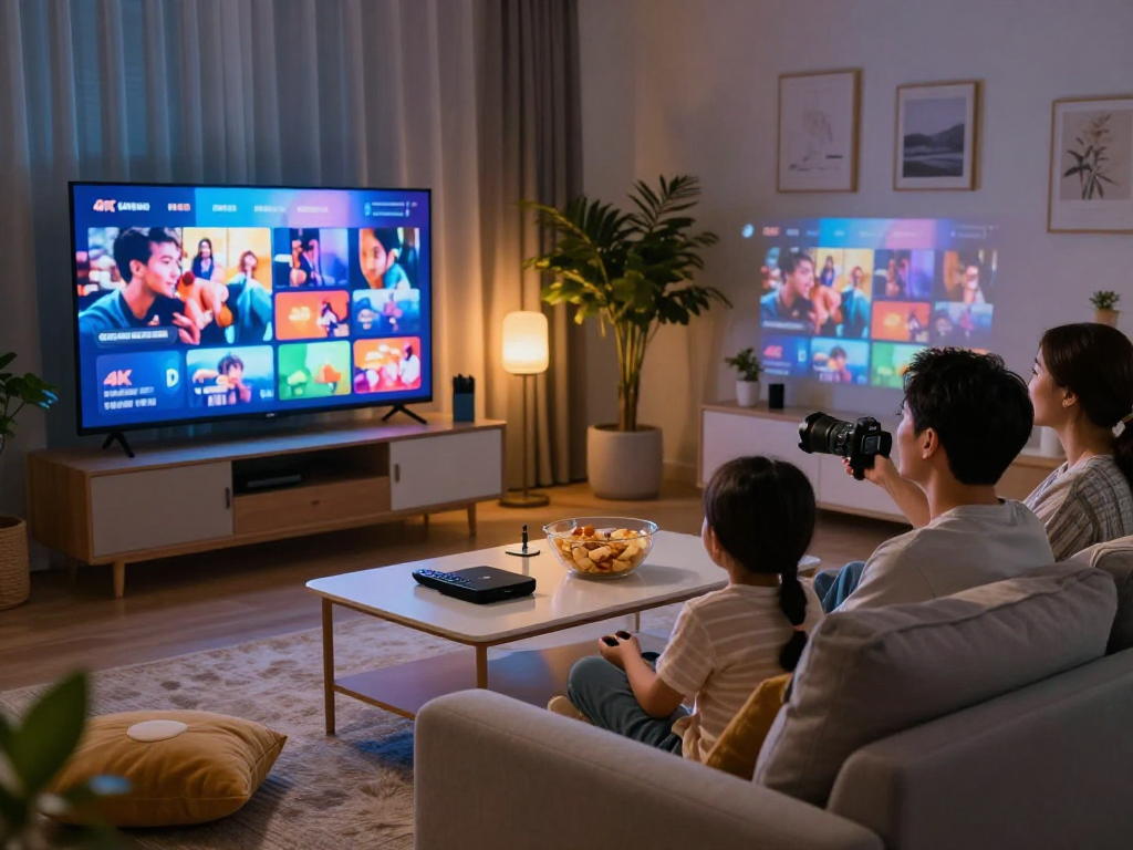 Kijk naar iptv 4k met het gezin in een gezellige woonkamer.