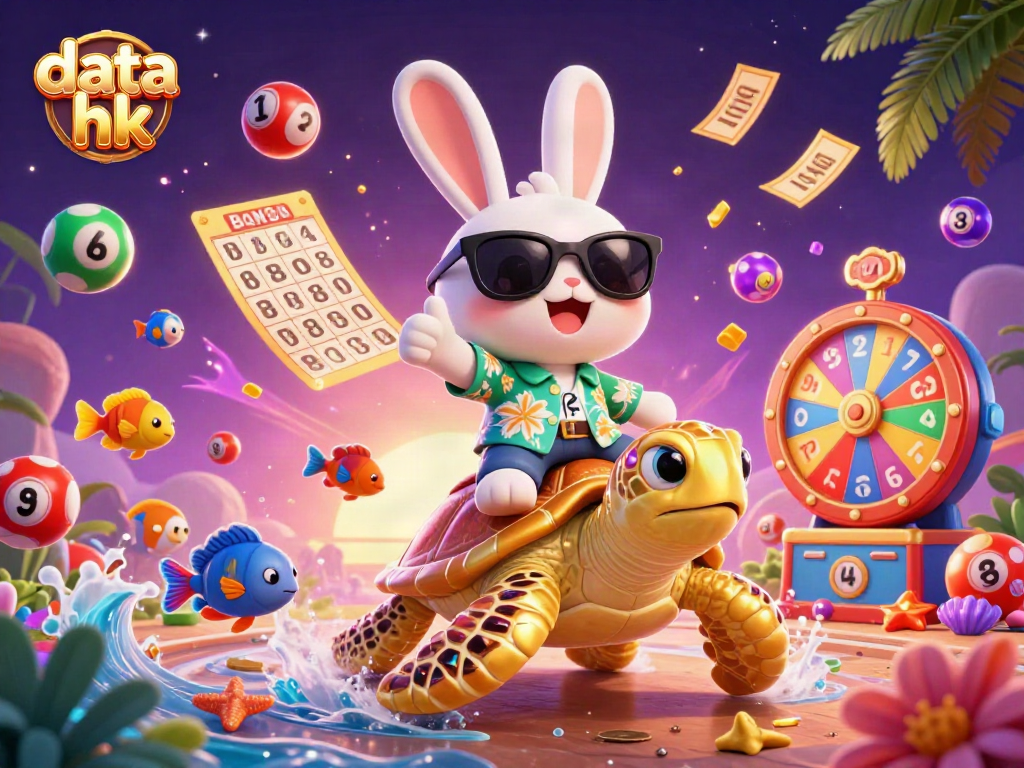 Menampilkan data hk dengan kelinci kartun 3D dan kura-kura emas di lingkungan tropis yang kaya detail
