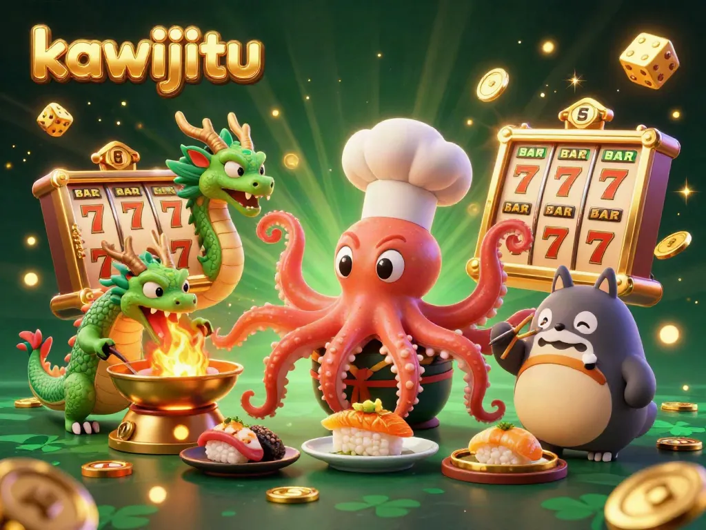 Engage in thrilling slots with kawijitu's unique characters winning big, featuring vibrant casino symbols.