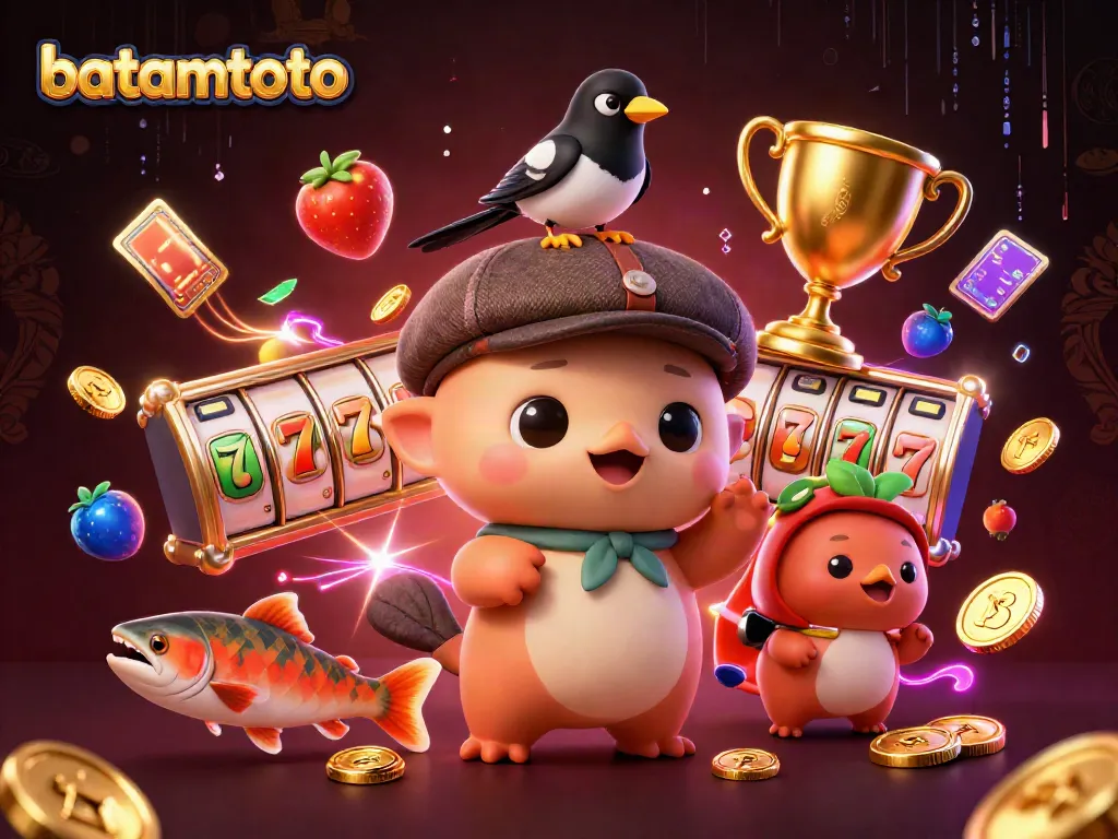 Engage with batamtoto's vibrant casino scene featuring charming characters and dynamic slot elements.