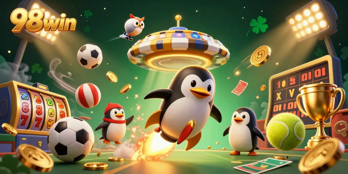Join the exciting 98win journey with a golden penguin and vibrant casino elements bursting into action!