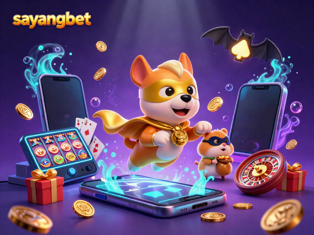 Experience thrilling gameplay with sayangbet as the superhero dog flies through a vibrant gaming scene.