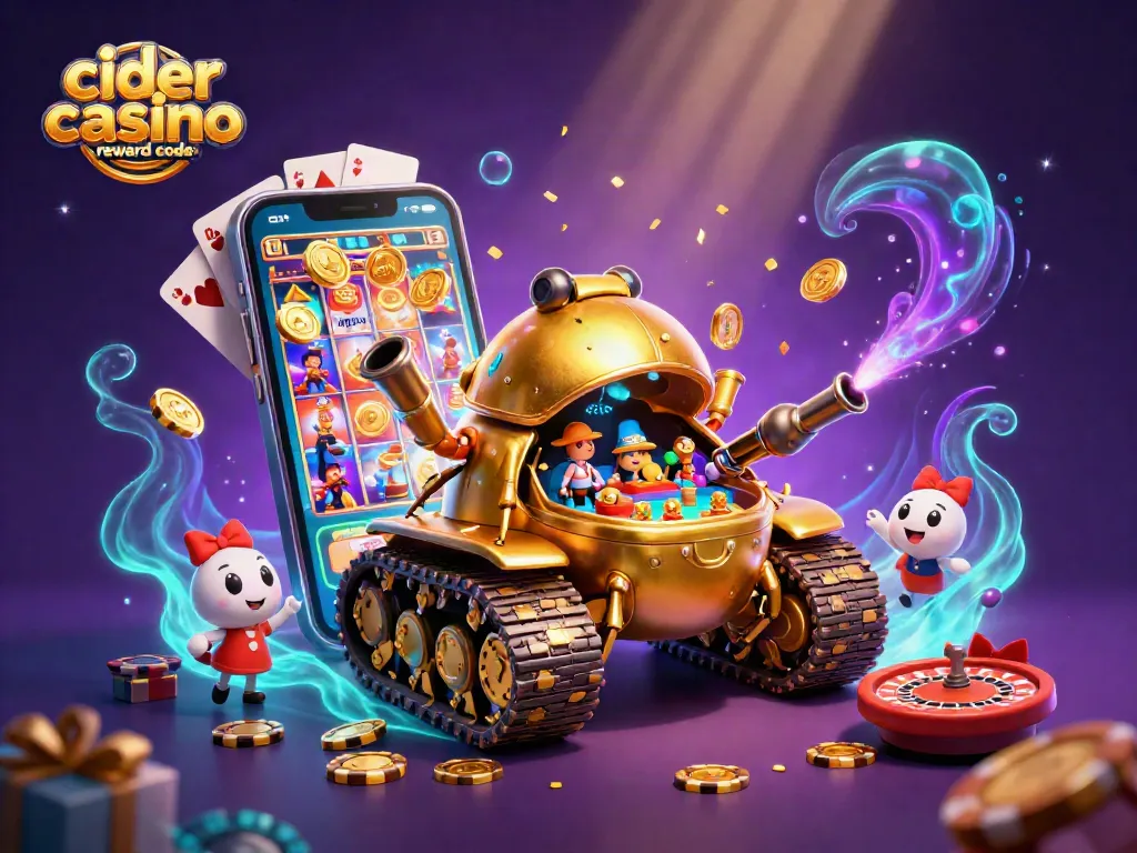 Experience the excitement with Cider Casino reward code in this vibrant 3D cartoon casino scene.