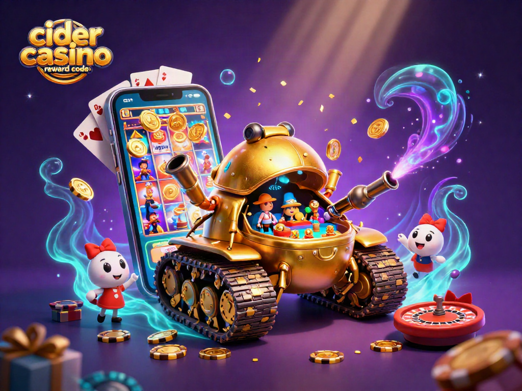 Experience the excitement with Cider Casino reward code in this vibrant 3D cartoon casino scene.